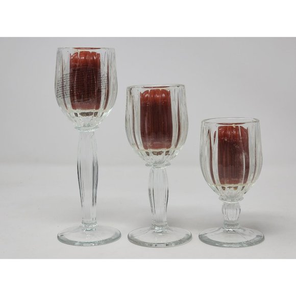 Vintage Home Interior Set Of 3 Stemmed Clear Ribbed Tulip Cut Glass Look - Picture 2 of 9